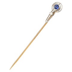 Solid 14 Karat Two-Tone Gold Genuine Sapphire and Natural Diamond Stick Pin 2.1g