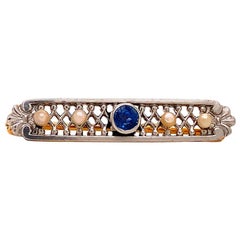 Solid 14 Karat Two-Tone Pearl and Sapphire Filigree Bar Pin 1.9g