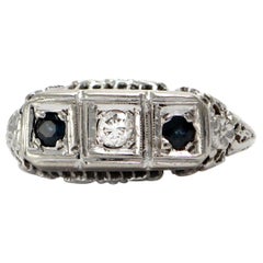 Solid 14 Karat White Gold Antique Genuine Sapphire and Diamond Ring 3.4g
