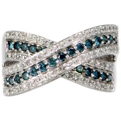 Solid 14 Karat White Gold Natural Diamond, and Blue Diamond Criss Cross Band