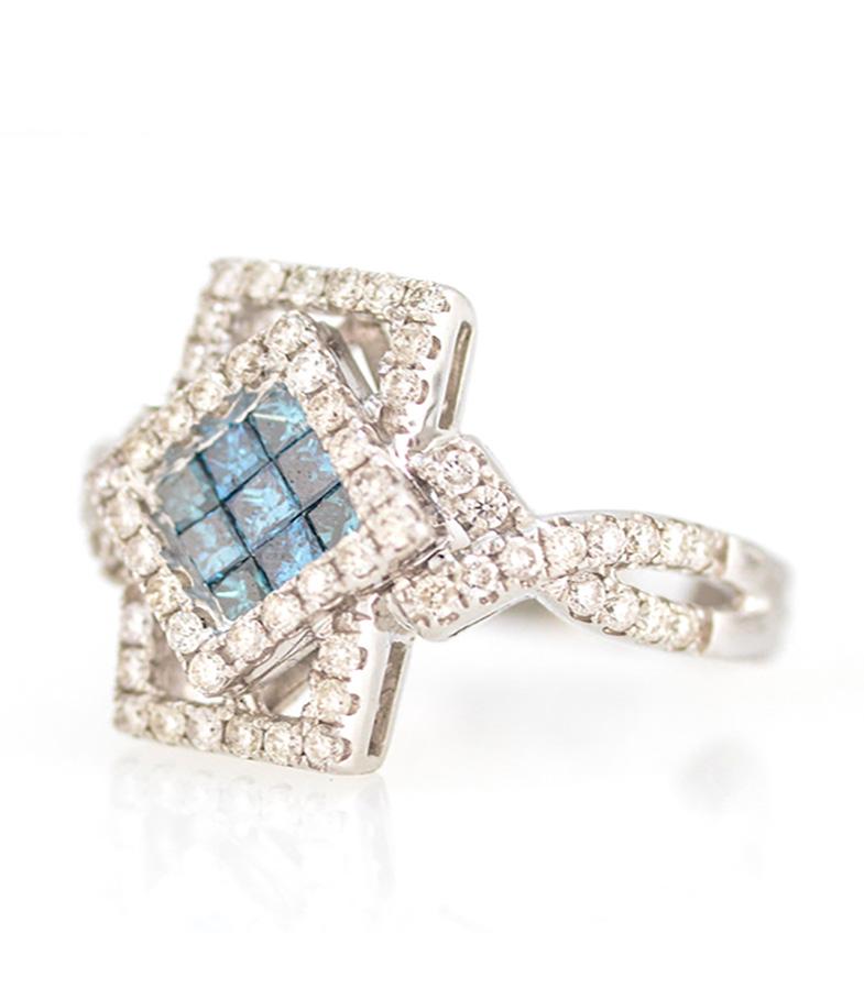 Women's or Men's Solid 14 Karat White Gold Natural White and Blue Diamond Ring