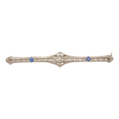 Solid 14 Karat White Gold Sapphire and Diamond Bar Pin 3.1 Grams