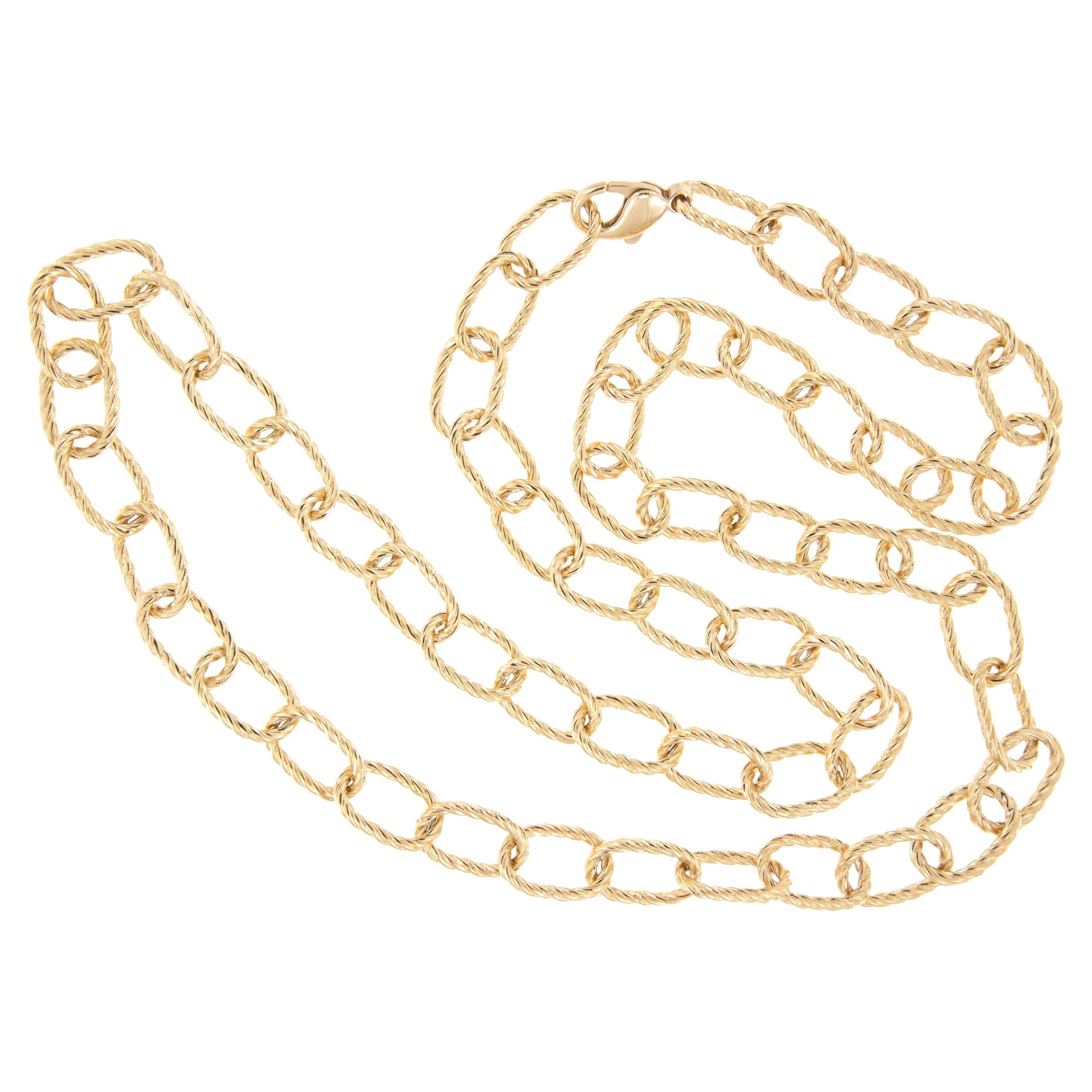 Solid 14 Karat Yellow Gold 31" Long Twisted Oval Link Necklace For Sale