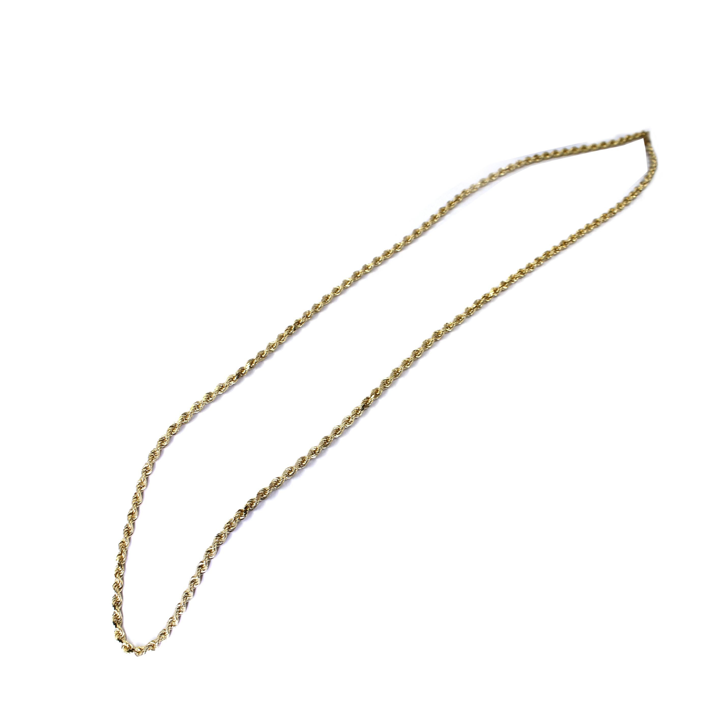 Chaîne en or jaune 14 carats de 4 mm de long mesurant 30 pouces de long avec un fermoir tubulaire et une sécurité de type Figure 8. Le poids fini est de 35,3 grammes.