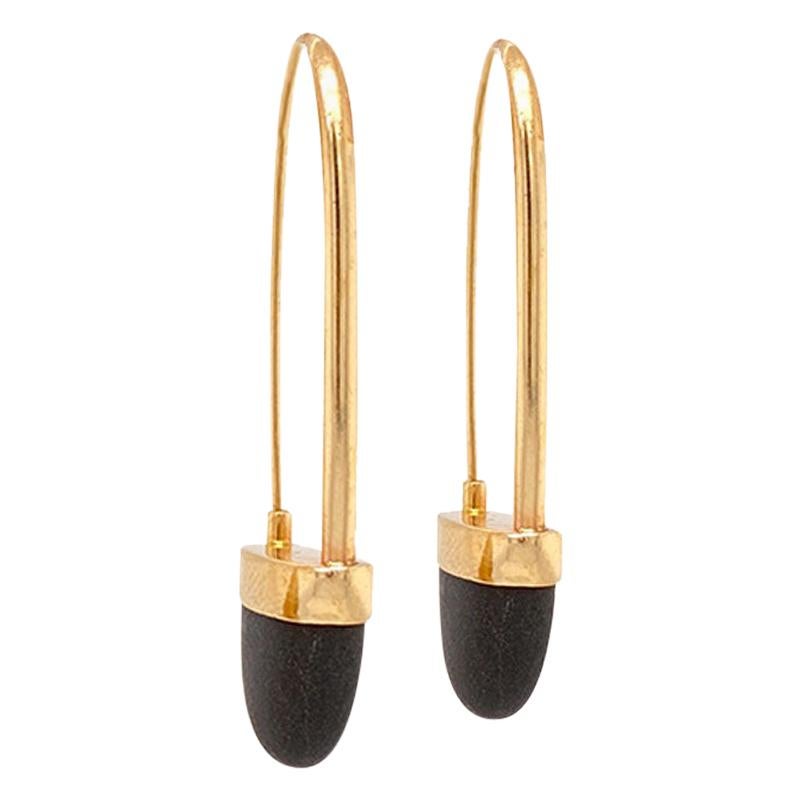 Solid 14 Karat Yellow Gold and Black Lava Drop Earrings 6.3g