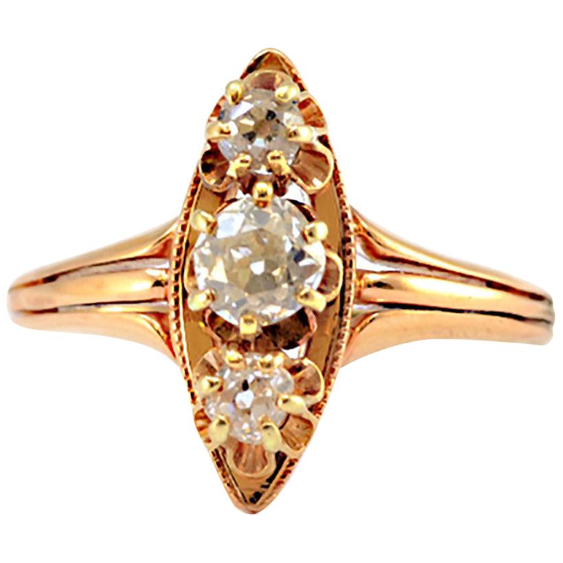 Solid 14 Karat Yellow Gold Antique Natural Three Diamond Ring