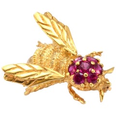 Solid 14 Karat Yellow Gold Bee Pin with Synthetic Rubies