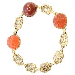 Solid 14 Karat Yellow Gold Cabochon and Carved Genuine Carnelian Bracelet 11.0g