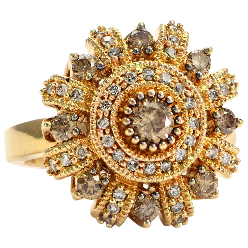 Solid 14 Karat Yellow Gold Champagne Diamond Cluster Ring Excellent Condition