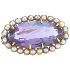 Solid 14 Karat Yellow Gold Genuine Amethyst and Seed Pearl Pin 3.5g