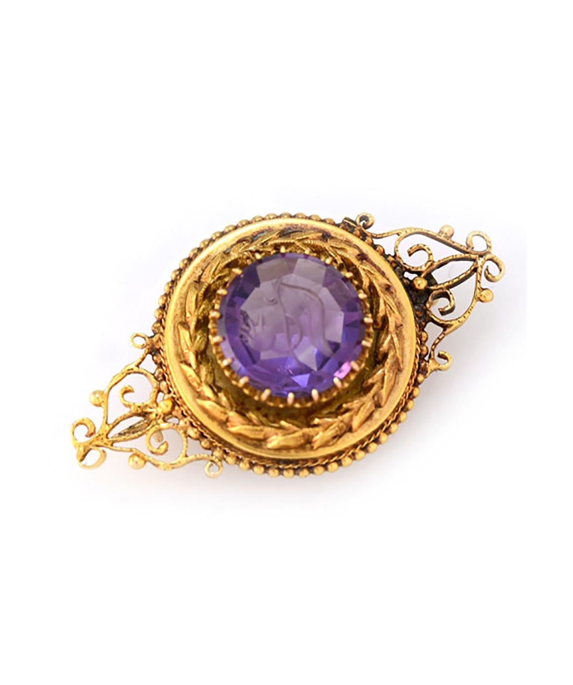 Solid 14K Yellow Gold Genuine Amethyst Antique Pin!  This pin weighs 6.1 grams, and measures about 1 x 1.5 inches.  The centre stone is carved with a rose, and measures about 6.17ct. Please see photos for details!