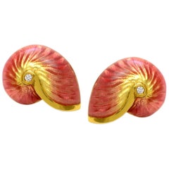 Solid 14 Karat Yellow Gold Genuine Diamond and Enamel Shell Earrings, 8.1 Grams Solid 14 Karat Yellow Gold Genuine Diamond and Enamel Shell Earrings, 8.1 Grams