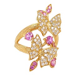 Solid 14 Karat Yellow Gold Genuine Diamond and Pink Sapphire Butterfly Ring 7.4g