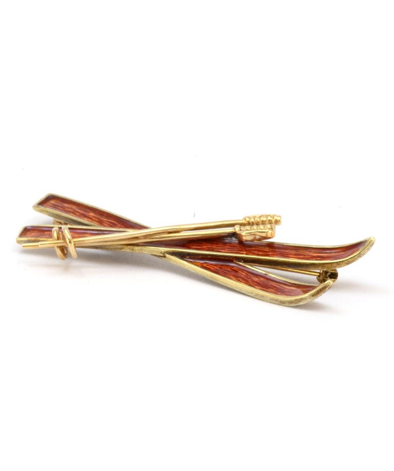 Solid 14 Karat Yellow Gold Genuine Enamel Ski Brooch For Sale at 1stDibs