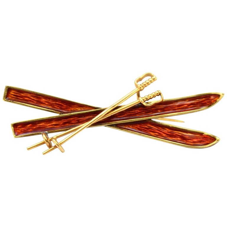 Solid 14 Karat Yellow Gold Genuine Enamel Ski Brooch For Sale at 1stDibs