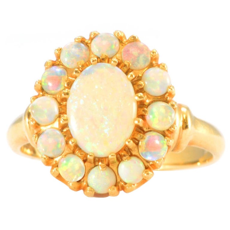 Solid 14 Karat Yellow Gold Genuine Opal Halo Ring 3.2g For Sale at 1stDibs