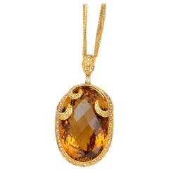 Solid 14 Karat Yellow Gold Imperial Topaz and Natural Diamond Necklace 21.3g