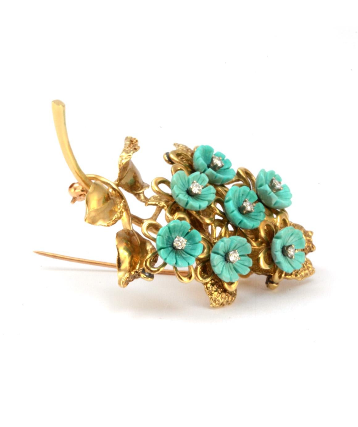 Solid 14K Yellow Gold Natural Diamond and Turquoise Brooch Excellent Condition! This beautiful leaf pin has 7 turquoise flowers with 7 diamonds, approximately .105cttw. This brooch is about 2.25 inches  by 1 inch, and weighs about 13.7 grams. Please
