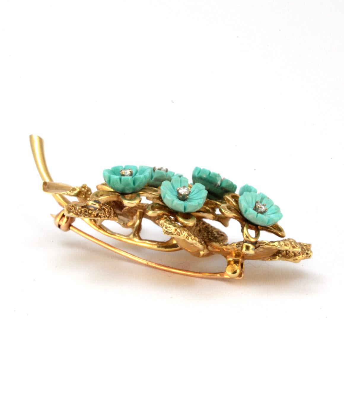 Rose Cut Solid 14 Karat Yellow Gold Natural Diamond and Turquoise Brooch