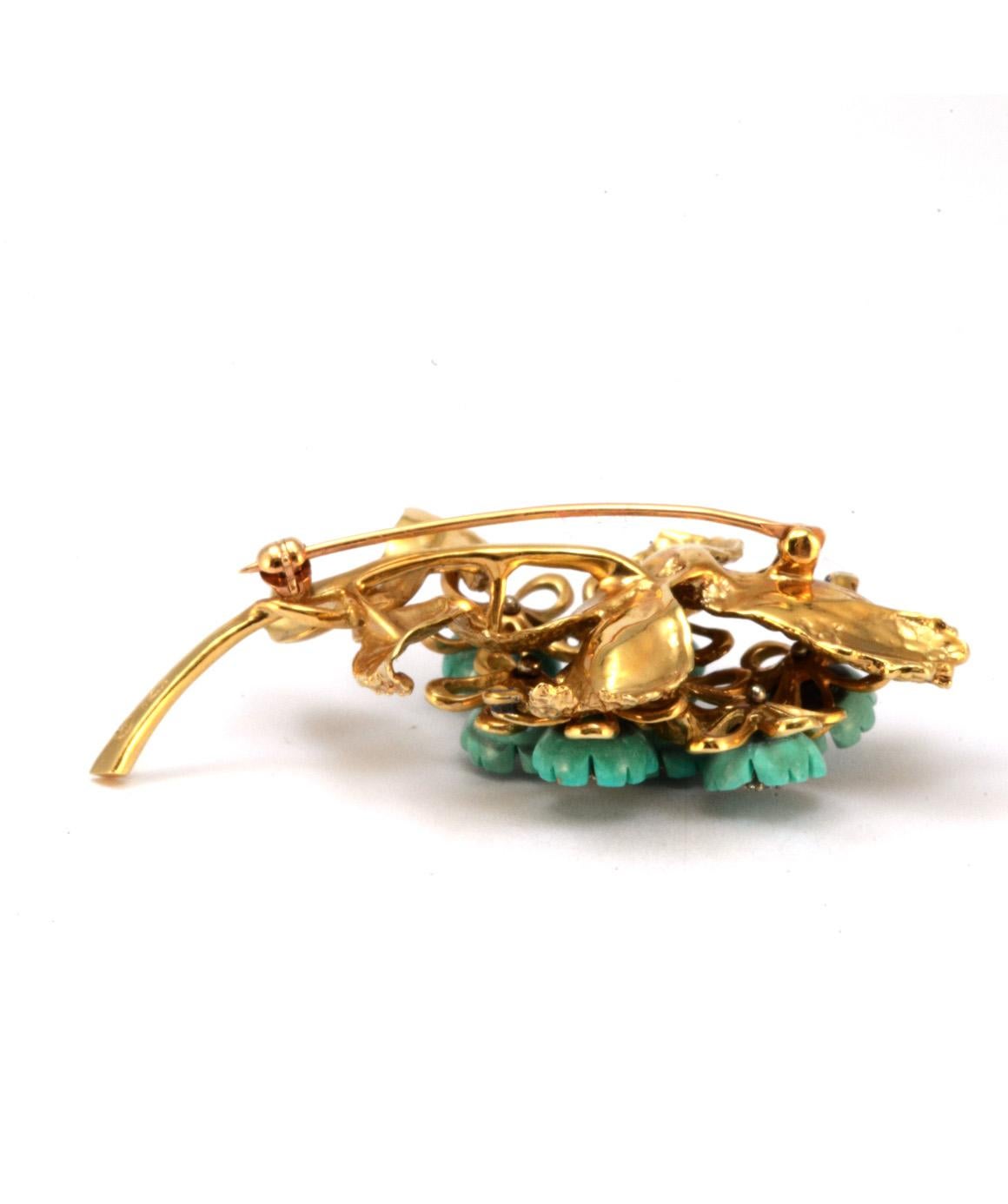 Solid 14 Karat Yellow Gold Natural Diamond and Turquoise Brooch In Excellent Condition In Manchester, NH