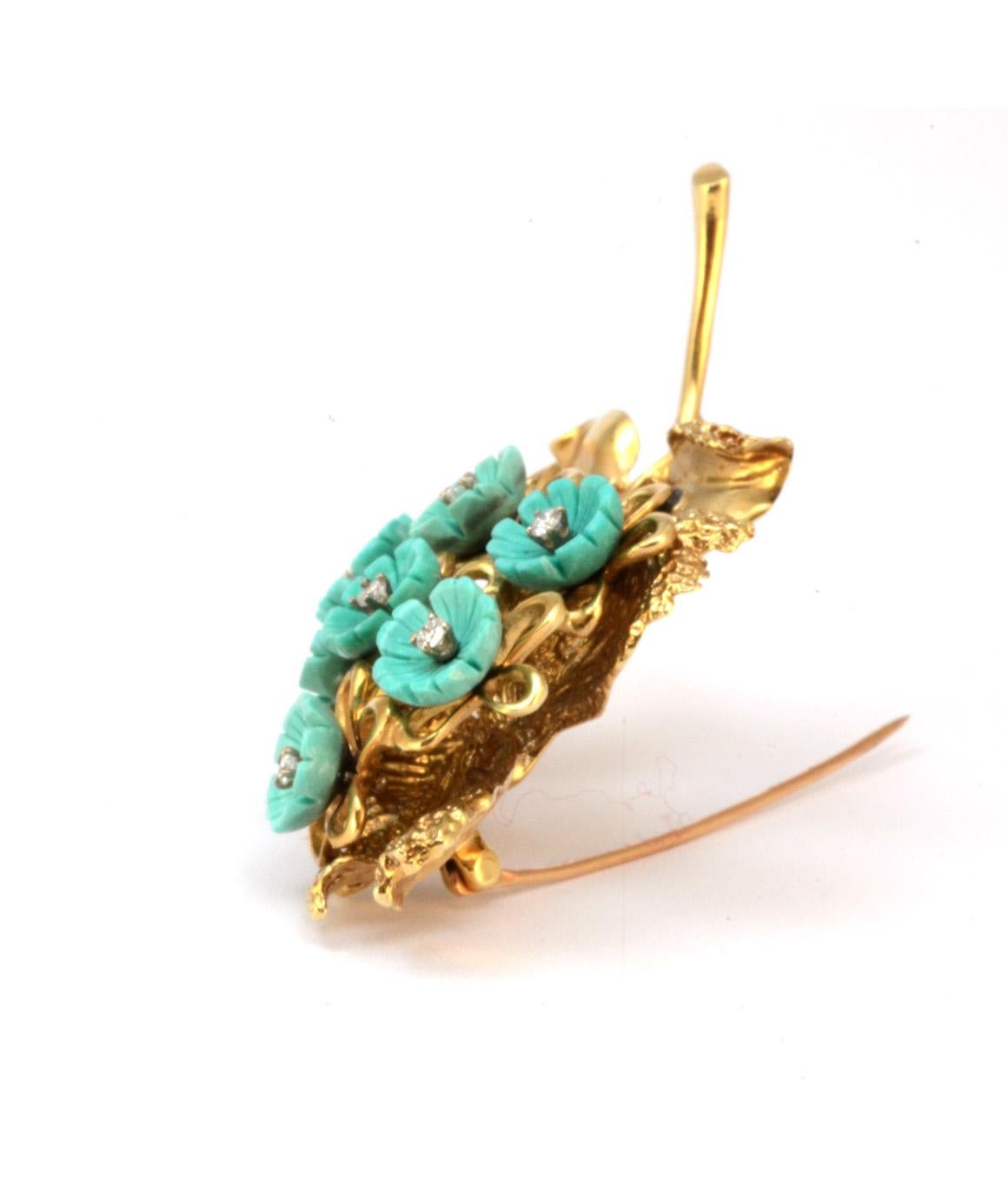 Solid 14 Karat Yellow Gold Natural Diamond and Turquoise Brooch 1