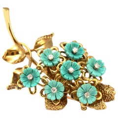 Solid 14 Karat Yellow Gold Natural Diamond and Turquoise Brooch