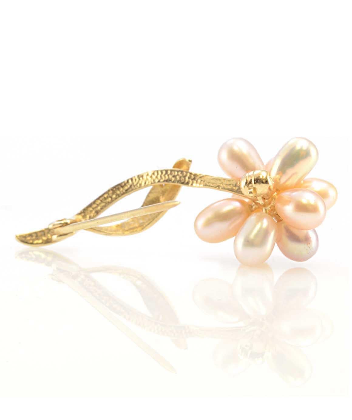 Women's or Men's Solid 14 Karat Yellow Gold Pearl and Diamond Flower Pin 2.5g