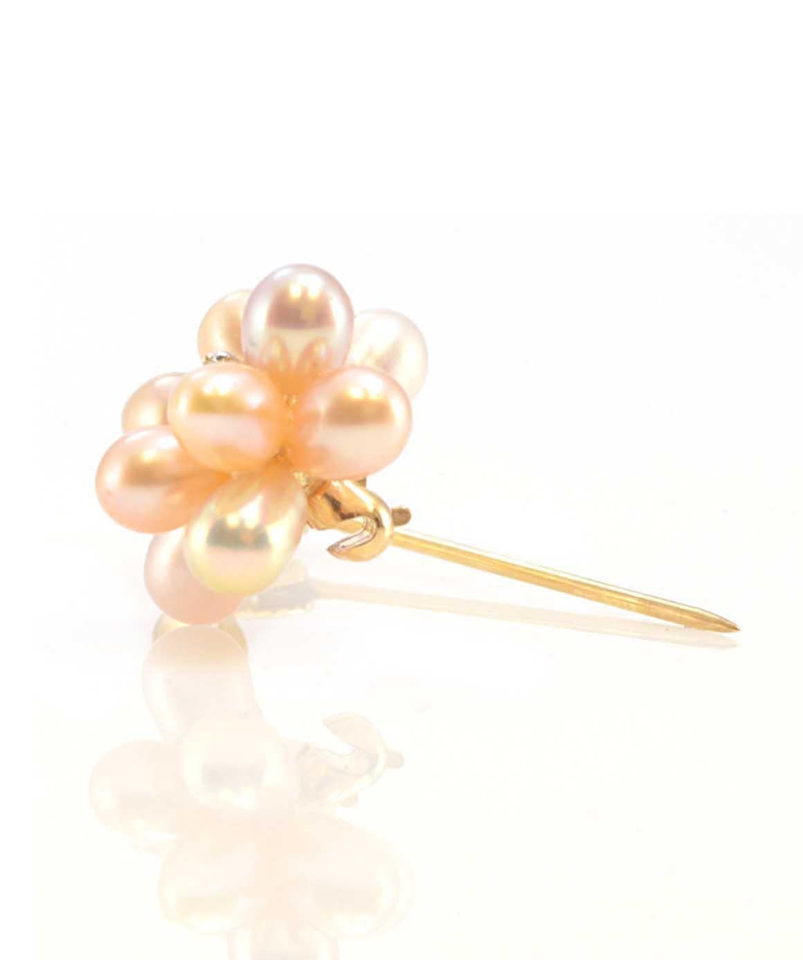 Solid 14 Karat Yellow Gold Pearl and Diamond Flower Pin 2.5g 1