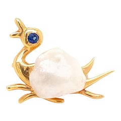 Solid 14 Karat Yellow Gold Pearl and Sapphire Duck Pin 2.5 Grams