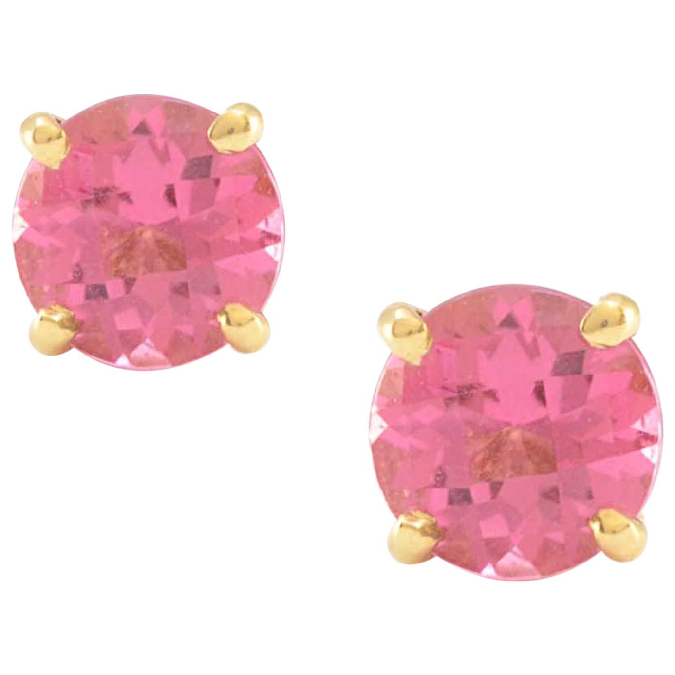 Solid 14 Karat Yellow Gold Pink Tourmaline Stud Earrings, Excellent Condition
