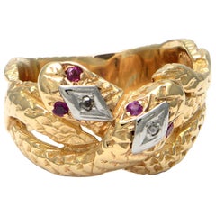 Solid 14 Karat Yellow Gold Snake Ring with Genuine Ruby and Diamonds 13.0g