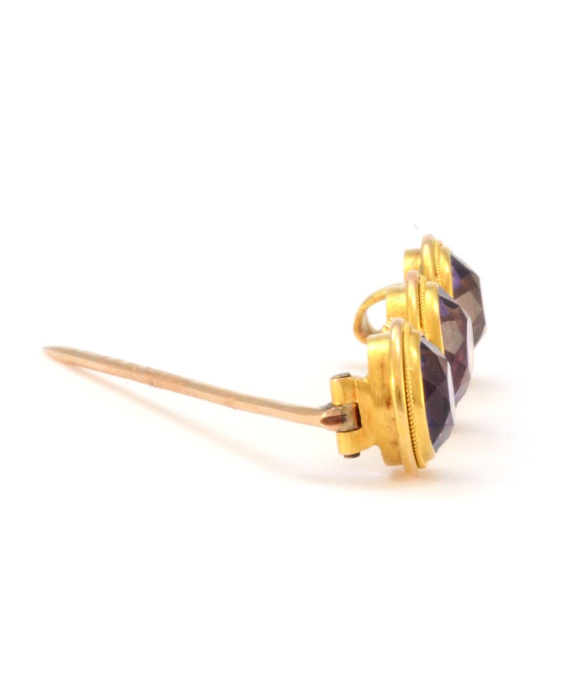 Women's or Men's Solid 14 Karat Yellow Gold Three-Stone Amethyst Pin