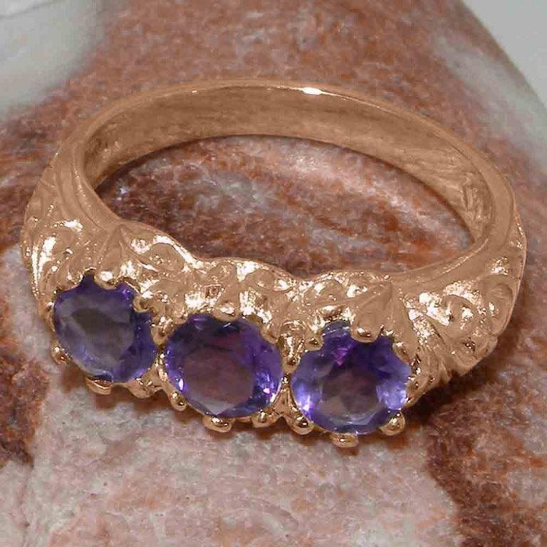 En vente :  Bague trilogie personnalisable en or rose 14 carats avec améthyste naturelle pour femmes 7