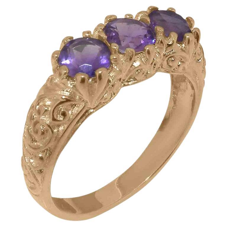 Solid 14ct Rose Gold Natural Amethyst womens Trilogy Ring Customizable