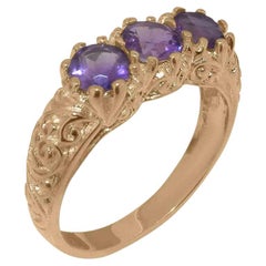 Solid 14ct Rose Gold Natural Amethyst womens Trilogy Ring Customizable