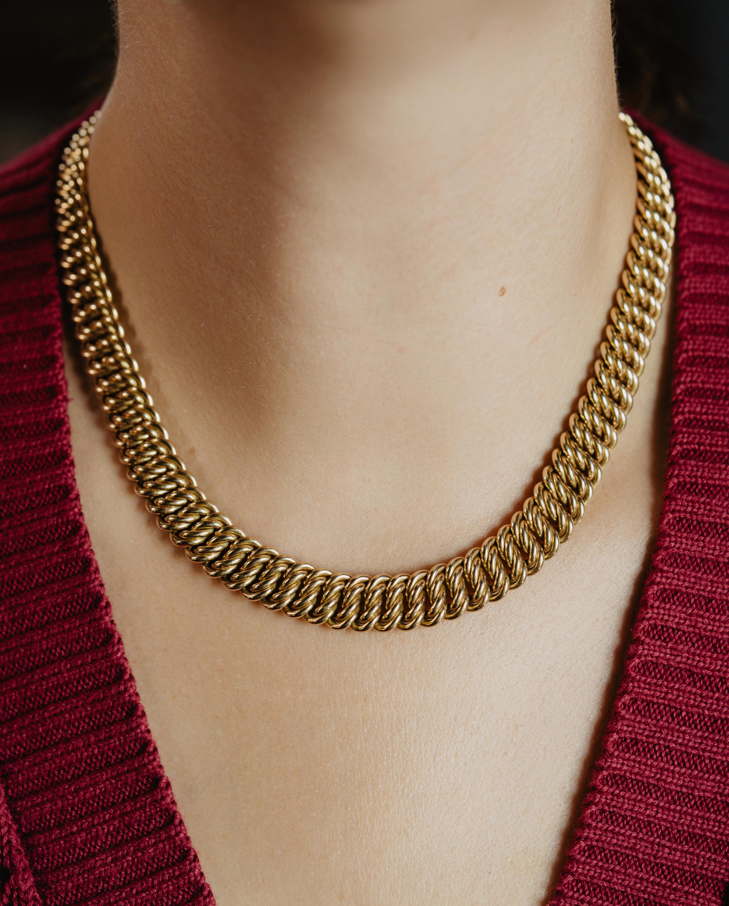 Retro Solid 14K 585 Gold Knitted Vintage Collar Necklace, Thick Fancy Link Chain, 57G For Sale
