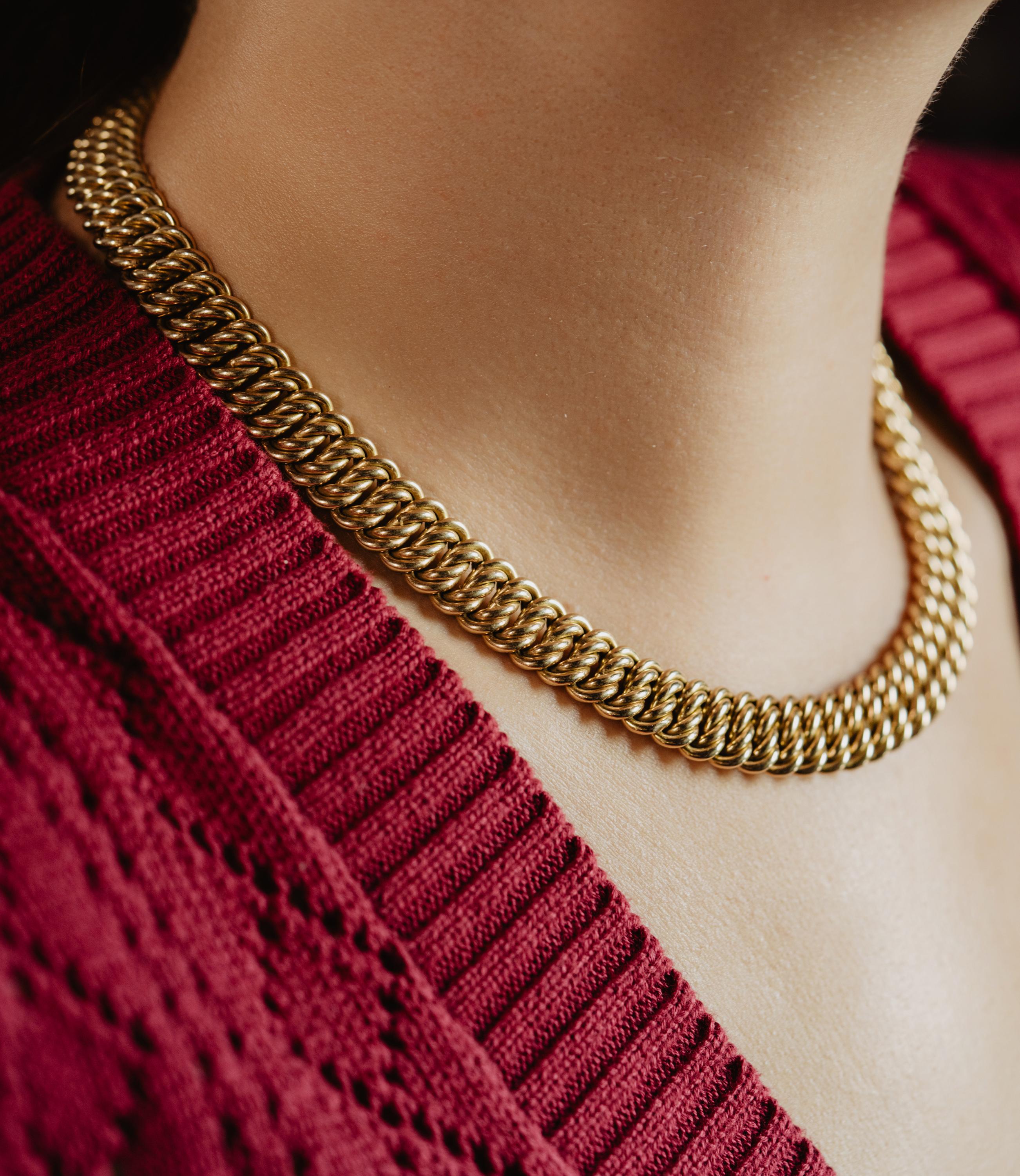 Women's or Men's Solid 14K 585 Gold Knitted Vintage Collar Necklace, Thick Fancy Link Chain, 57G For Sale