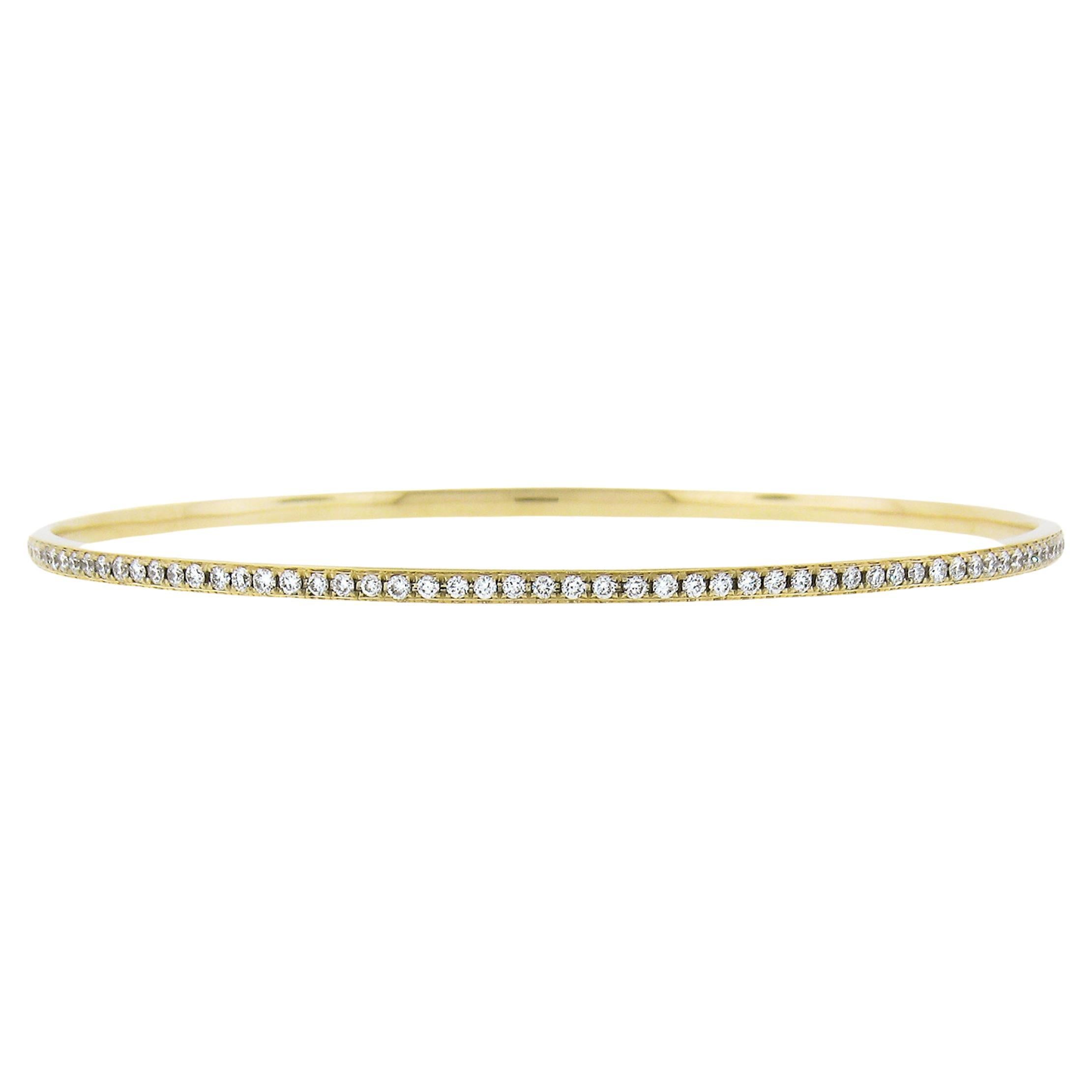 Solid 14K Gold 1.25ctw QUALITY Pave Diamond Eternity Slip On Bangle Bracelet For Sale