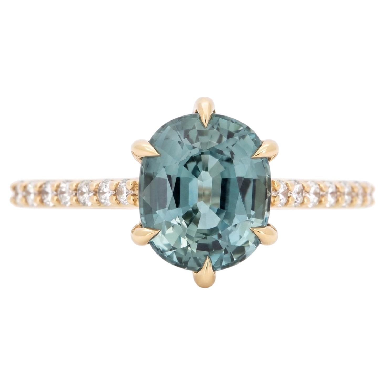 Bague de fiançailles en or massif 14K 2.86ct Bi-Color Teal Sapphire with Diamond R6812
