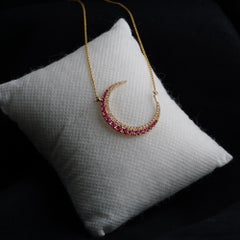Solid 14k Gold Crescent Moon Pendant Natural Ruby Gemstone Diamond Necklace