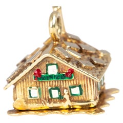 Solid 14K Gold Gingerbread House Charm with Enamel Openable Roof Bed and Couple