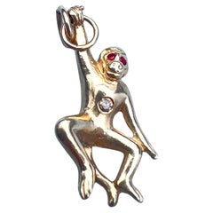Solid 14K Gold Monkey Pendant Ruby Eyes Diamond Charm J DAUPHIN