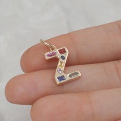 Solid 14K Gold Z Initial Charm Natural Multi-Sapphire Rainbow Pendant Jewelry