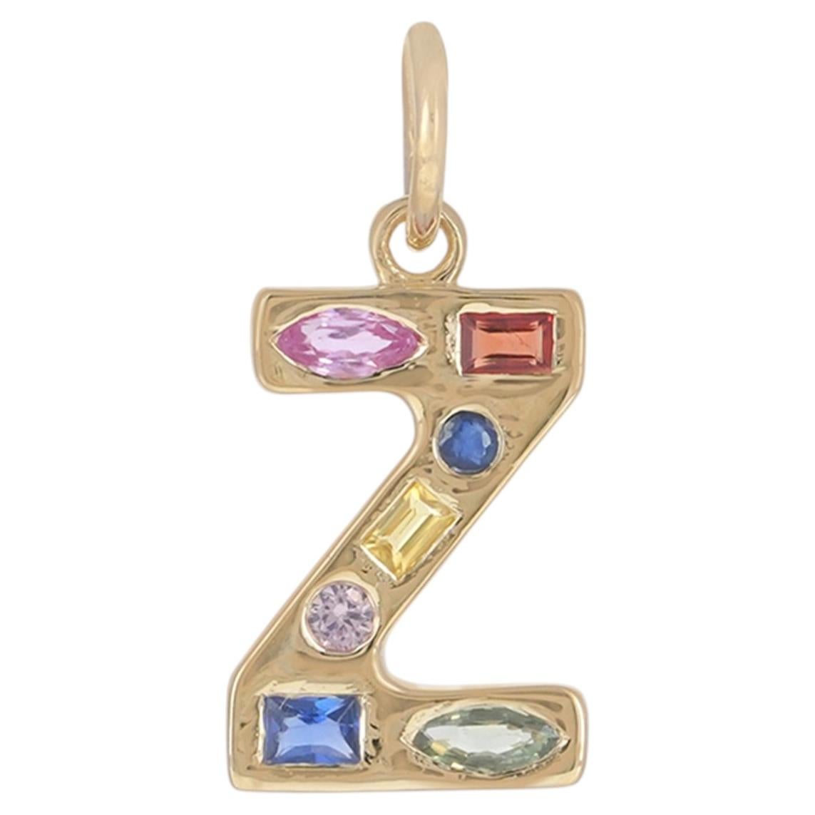 Solid 14K Yellow Gold Z Initial Charm Multi Sapphire Accents Pendant Gift For Sale