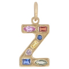 Solid 14K Gold Z Initial Charm Natural Multi-Sapphire Rainbow Pendant Jewelry