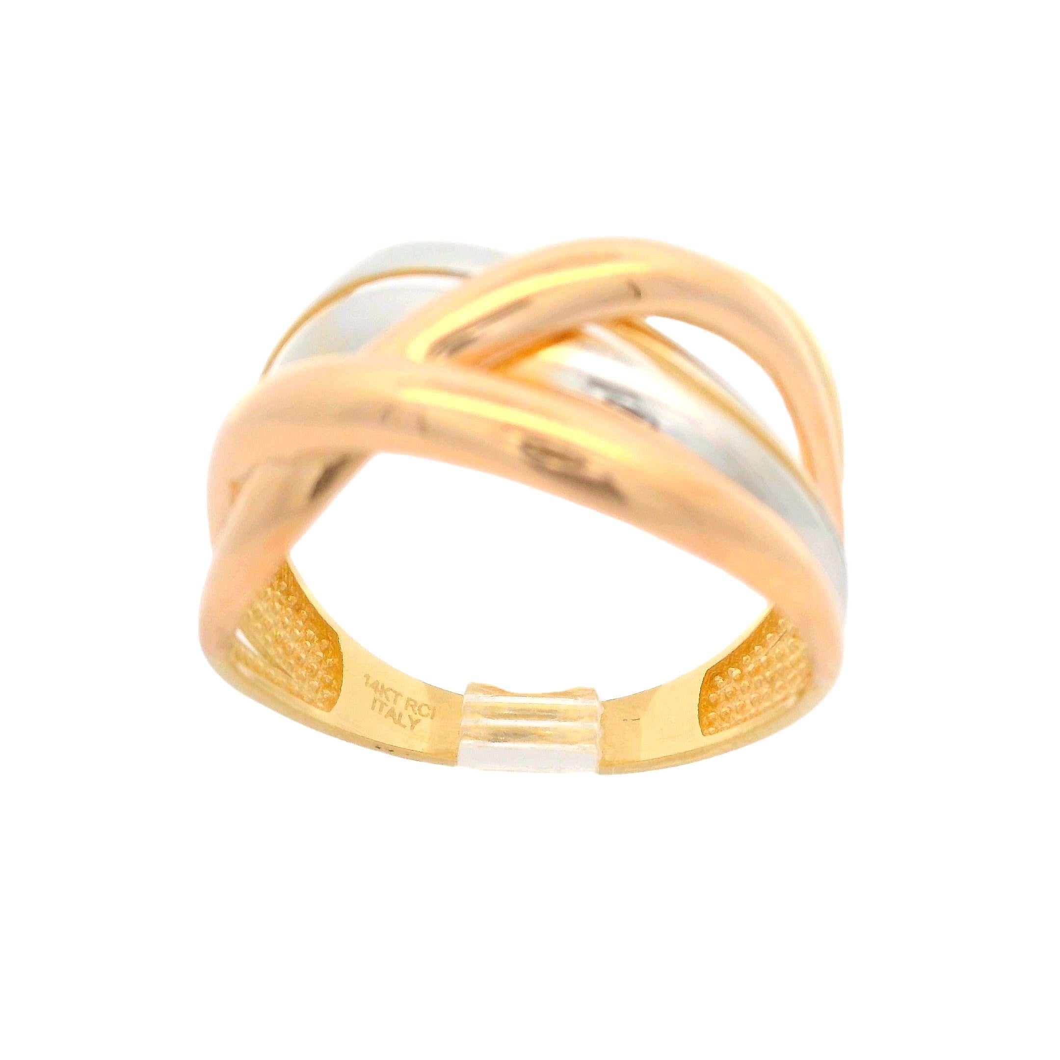 Bague en or massif 14k finition polie multicolore croix au-dessus d'une large bande ouverte en vente 1