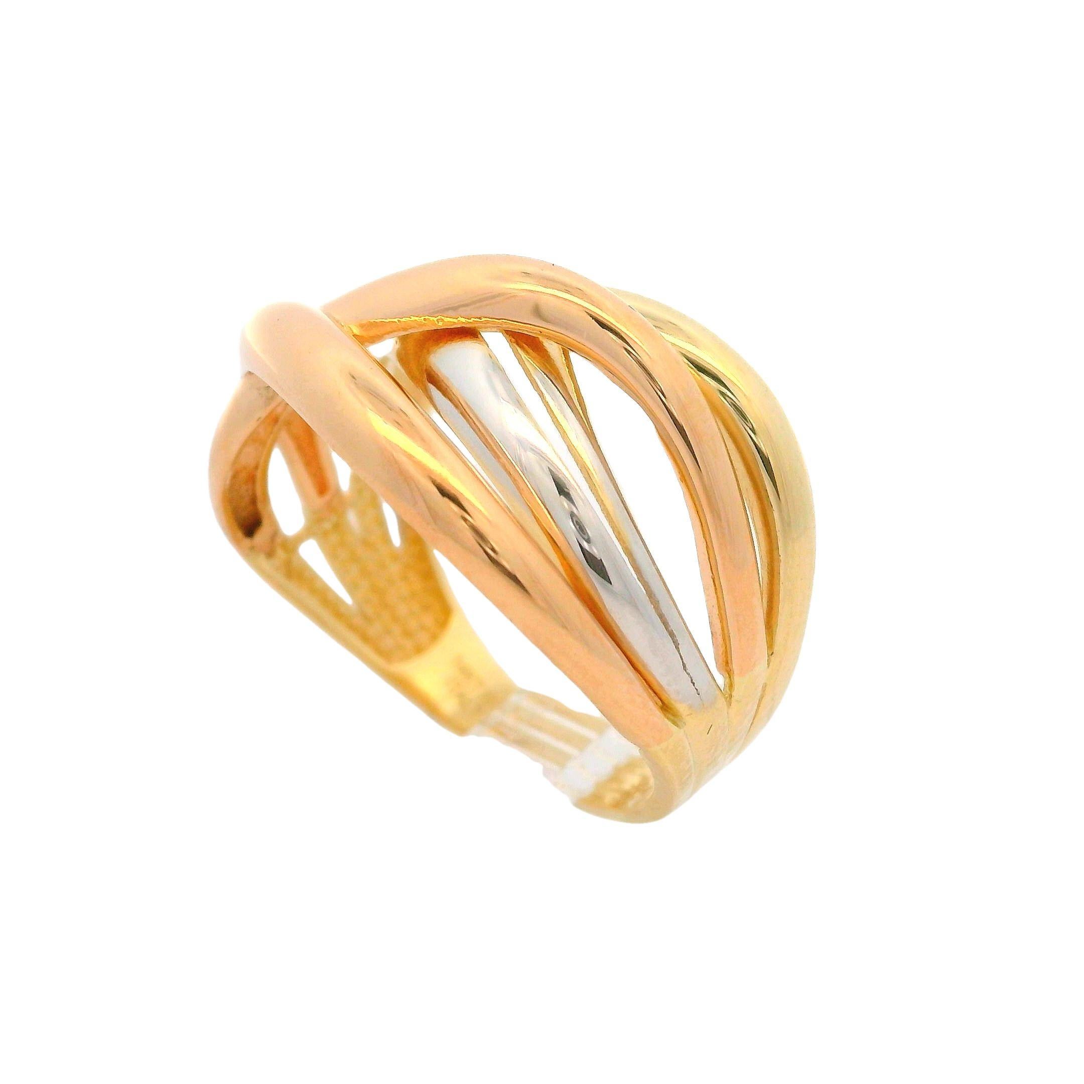 Bague en or massif 14k finition polie multicolore croix au-dessus d'une large bande ouverte en vente 4