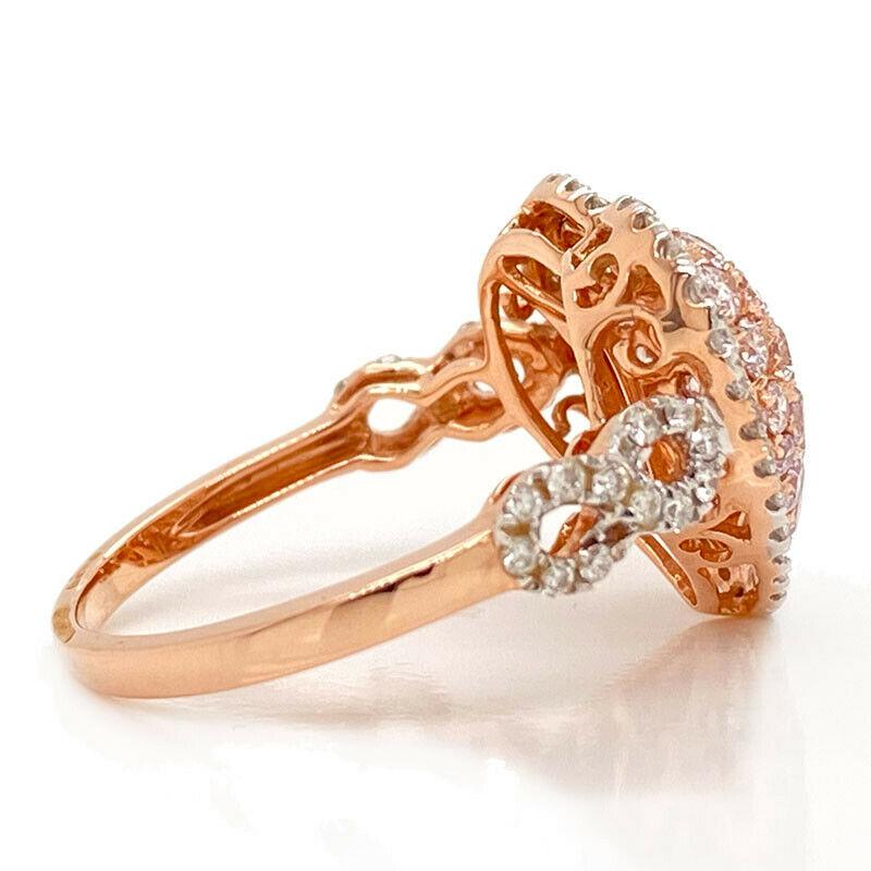 Modern Solid 14 Karat Rose Gold Genuine Pink and White Diamond Heart Shaped Ring 3.5g