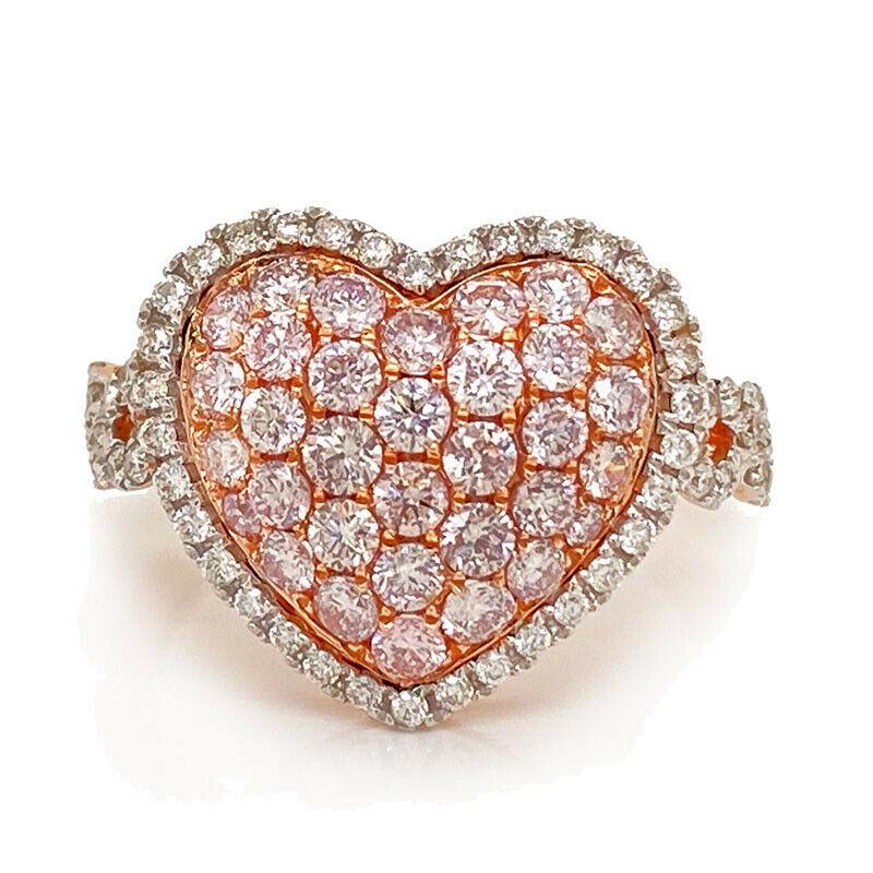 Women's or Men's Solid 14 Karat Rose Gold Genuine Pink and White Diamond Heart Shaped Ring 3.5g