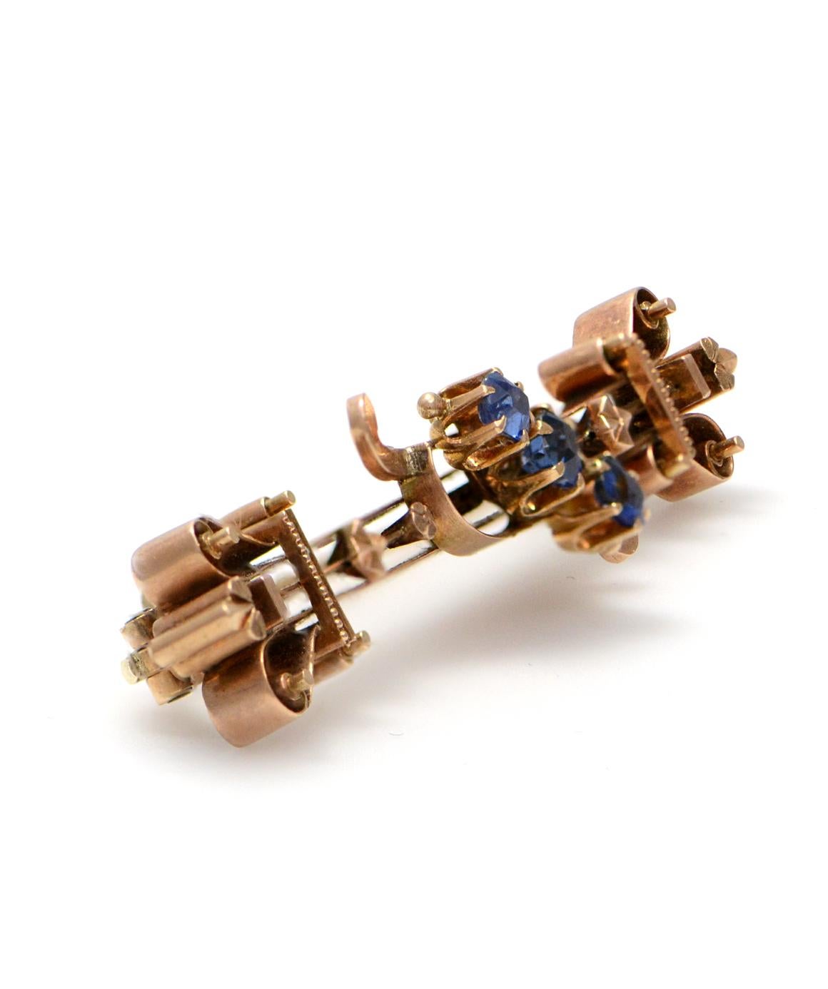 Solid 14 Karat Rose Gold and Genuine Sapphire Three-Stone Bar Pin 7.7g In Excellent Condition In Manchester, NH